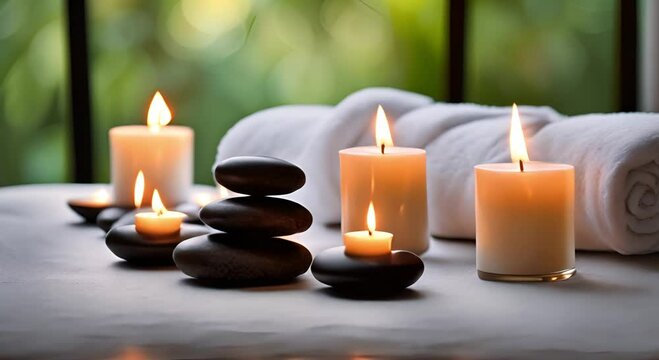 Spa room featuring massage stones with towels and candles on a natural backdrop