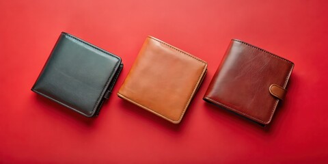 Fototapeta premium Wallets isolated on red background, wallets, red, isolated, leather, fashion, accessories, money, payments, credit cards