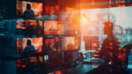 a home office with multiple screens showing different video calls, blending work and technology with focus on, telecommuting theme, ethereal, Double exposure, study backdrop