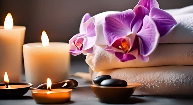 Spa room featuring massage stones with towels and candles on a natural backdrop