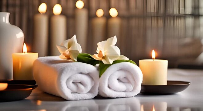 Spa room featuring massage stones with towels and candles on a natural backdrop