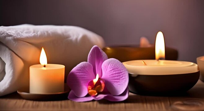 Spa room featuring massage stones with towels and candles on a natural backdrop