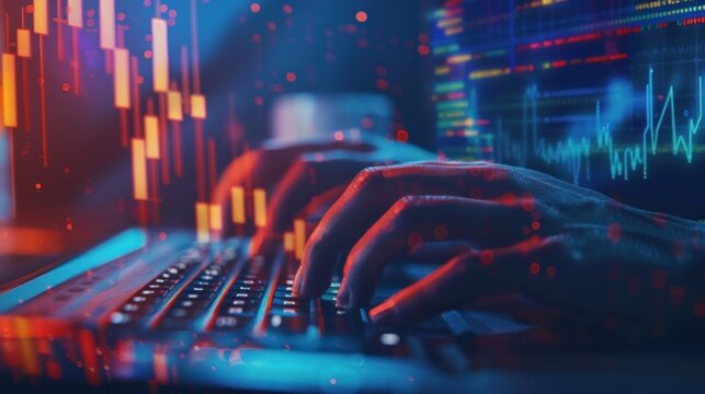 Hands Typing on a Laptop with Financial Charts in the Background