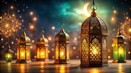 Fototapeta premium Islamic themed lanterns glowing in celebration of Eid Mubarak and Eid al-Adha , Ramadan, festival, Muslim