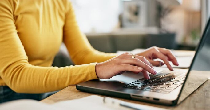 Black woman, home and hands typing on laptop for email, data entry and business report for company project or task. Girl, internet and communication for remote work updates, research and spreadsheet. - Powered by Adobe