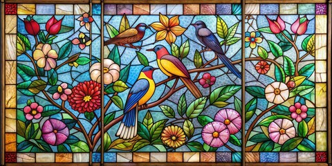 Stained glass window featuring a colorful design of birds and flowers, stained glass, window, birds, flowers, design