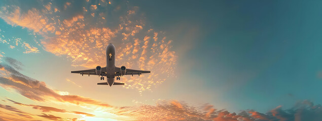 Naklejka premium Airplane flying through colorful sunset clouds.