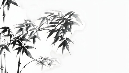 Obraz premium Black and white ink wash painting of bamboo leaves and branches on white background.