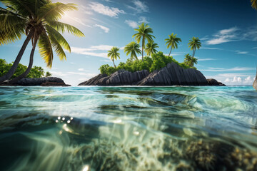 Fototapeta premium Tropical paradise dual-view, crystal waters meet vibrant palms