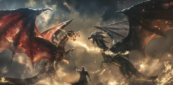 Epic battle scene with two dragons clashing in a fiery sky.