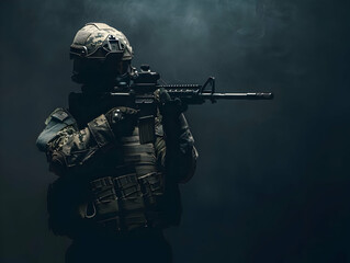 Silhouette of a soldier in tactical gear holding a rifle in a smoky, dark environment. Military, combat, and tactical concept photo.