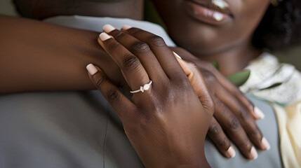 Black african man and woman bridal wedding couple bride holding groom around neck with her fingers intertwined with focus on wedding ring and hands closeup no faces : Generative AI
