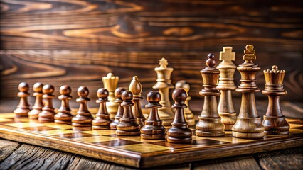 Chess pieces on a wooden chess board, strategy, game, competition, king, queen, rook, bishop, knight, pawn, strategic
