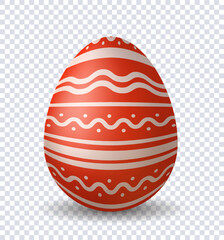 Realistic Easter egg. Red and white patterns at egg. Traditional spring religious holiday. Patterns and ornaments. 3D vector illustration isolated on transparent background