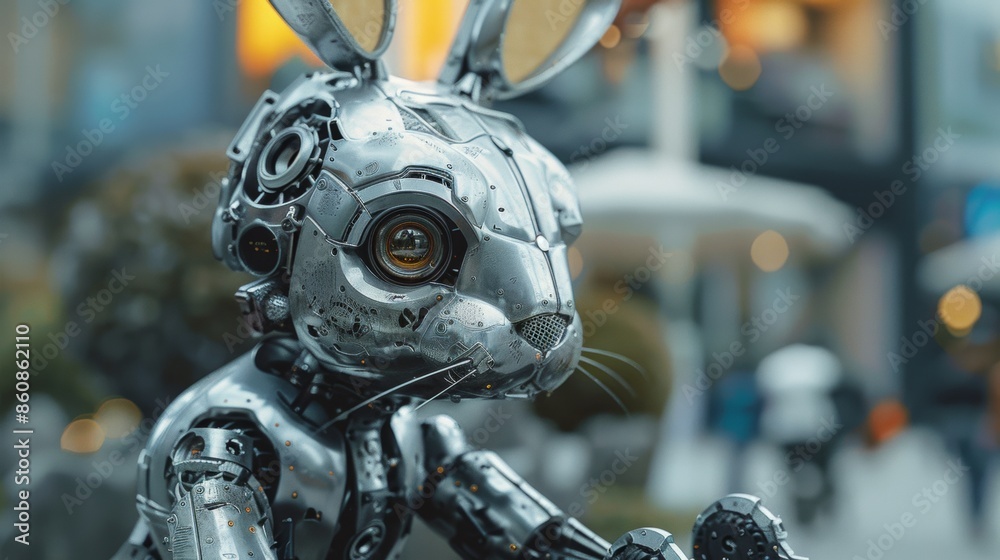 Poster A metal rabbit with a face made of gears and wheels, AI