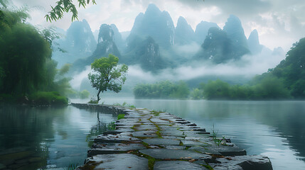 Tranquil Chinese Landscape with Misty Mountains and River