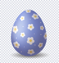 Realistic Easter egg. Blue and white patterns with daisies at egg. Traditional spring religious holiday. Celebration of festival. 3D vector illustration isolated on transparent background