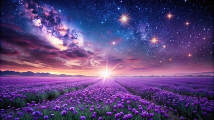 Obraz premium Purple field of flowers with stars in the sky, nature, landscape, night sky, purple flowers, twilight, beautiful, serene