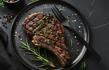 Grilled Bone-In Ribeye Steak on Black Plate With Rosemary