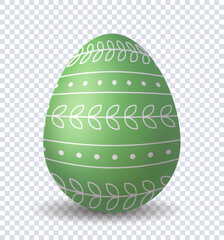 Realistic Easter egg. Gren and white patterns with branches at egg. Traditional spring religious holiday. Template and layout. 3D vector illustration isolated on transparent background