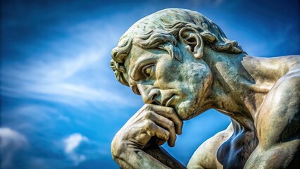 Obraz premium A close-up shot of a pensive thinker statue with hand on chin, contemplation, sculpture, deep in thought