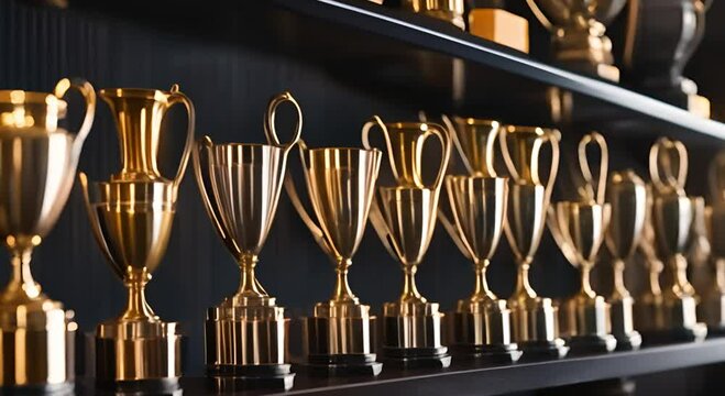 A collection of trophies is lined up on uniquely designed shelves
