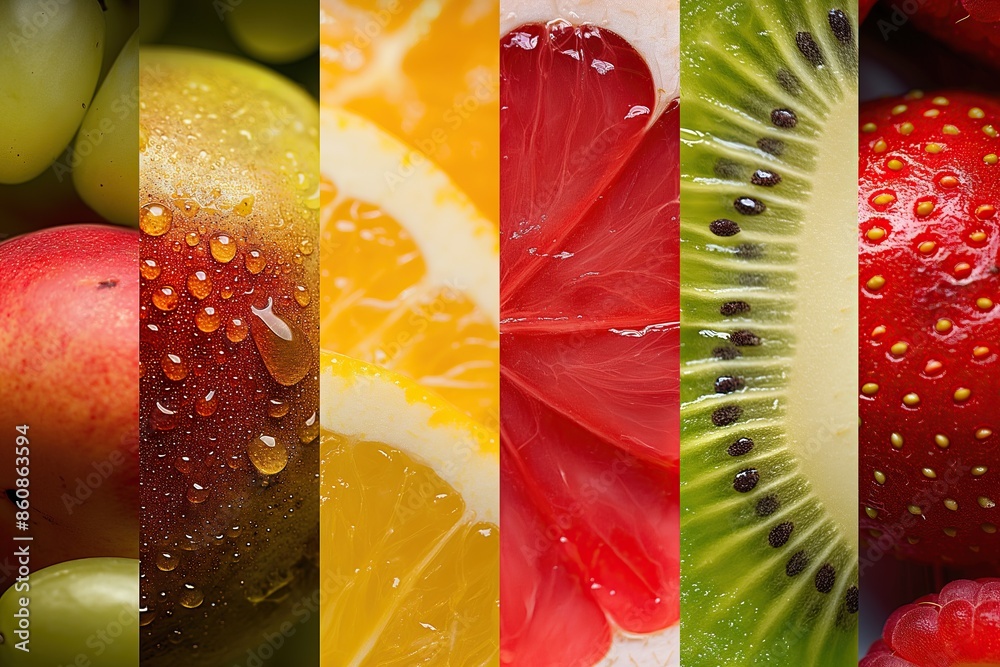 Wall mural collage of different fruits with water drops, close-up. - Wall murals