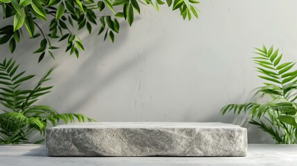 Stone pedestal or platform with tropical plants and grey cement wall background
