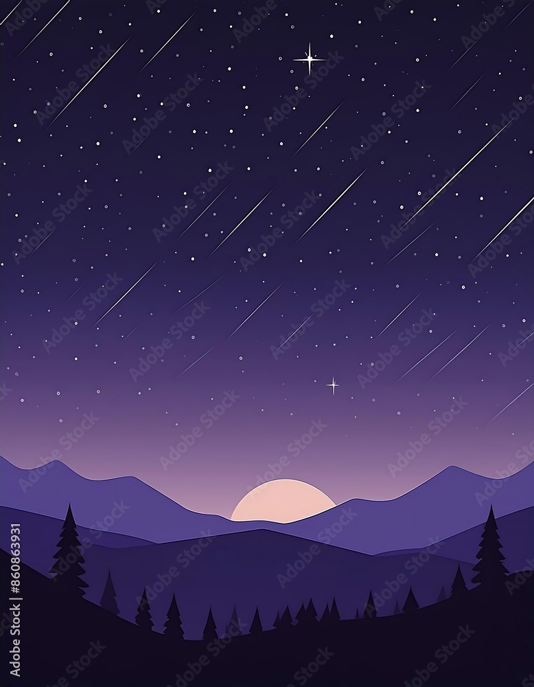 Wall mural minimalist night scene with star and sky, flat design