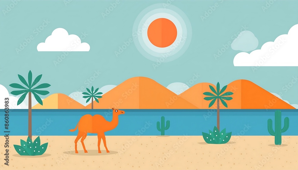 Wall mural Minimalist desert scene with camel, flat design