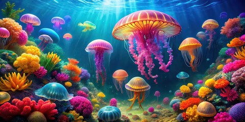 Vibrant coral reef with colorful jellyfish floating, underwater, marine life, vibrant, colorful, coral reef, ocean, sea