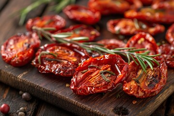 Sun-dried tomatoes with rosemary and peppercorns on wooden board