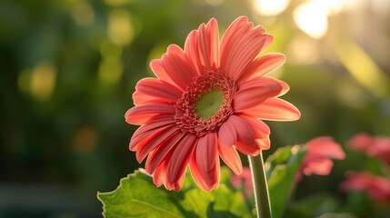 Beautiful pink gerbera flower in the garden with sunlight