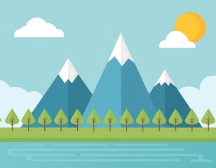 Minimalist mountain scene with trees, flat design.