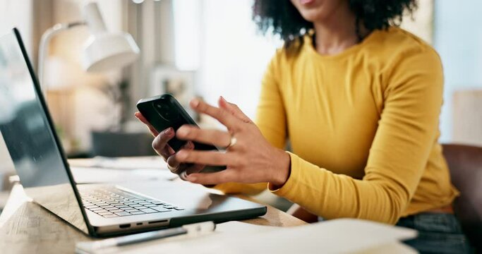 Woman, smartphone and laptop or typing in house, remote work and relax for break on social media app. Communication, online networking and browse or internet shopping post, reading blog and apartment