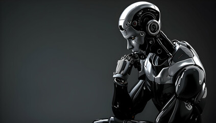 A futuristic robot in deep thought, its metallic body reflecting the stark lighting.