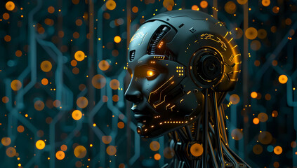 A futuristic robotic head with glowing eyes and intricate circuitry.  The background features a pattern of glowing orbs and circuits.