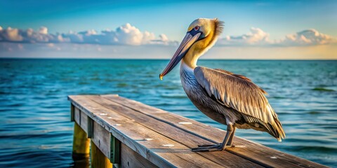 Majestic pelican perched on a wooden dock by the sea, bird, wildlife, nature, water, ocean, beak, feathers, coastal