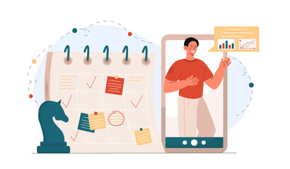 Secretary with calendar. Organizing efficient workflow and scheduling meetings. Assistant to boss and businessman. Clerk and manager. Cartoon flat vector illustration