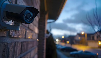 A security camera mounted on a brick wall, overlooking a quiet suburban street at dusk.