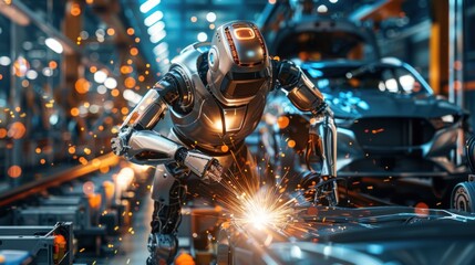 A robot is working on a car in a factory. Generate AI image