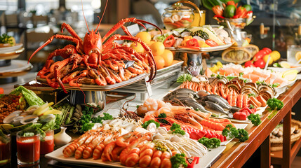 Magnificent Seafood Buffet Display Featuring a Bountiful Assortment of Freshly Prepared Lobster Shrimp Crab