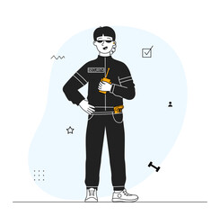 Security man concept. Young guy in sunglasses with walkie talkie and earpiece. Safety, security for events and celebrities, millionaires. Linear flat vector illustration