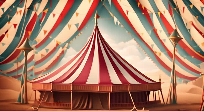 Vibrant circus tent background with majestic red and white striped tent