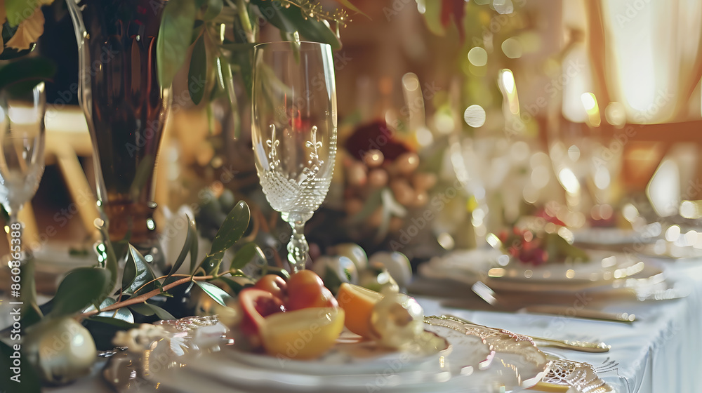 Poster festive table setting for birthday or wedding in style of rustic boho decor in natural colors select