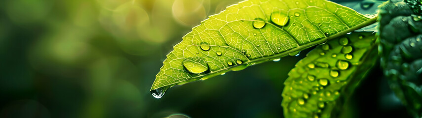 Close-up of green leaves covered in dew drops.