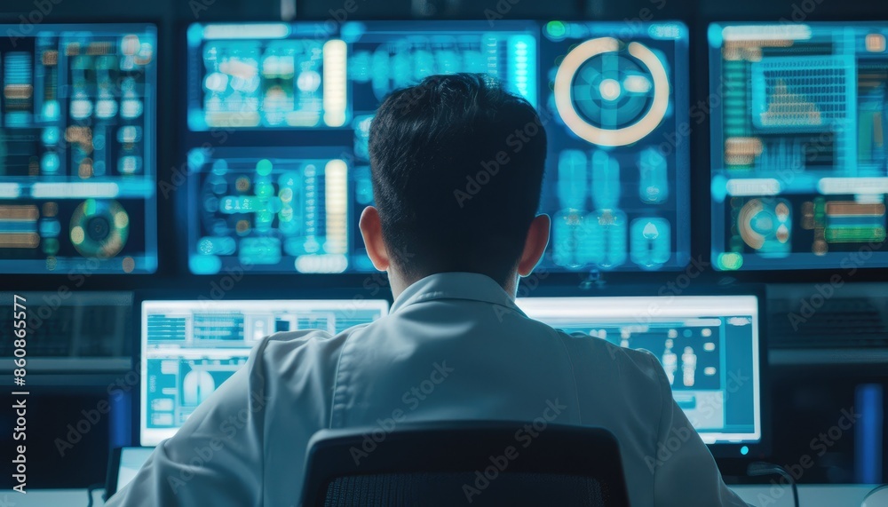 Poster technician working in a high-tech control room with multiple screens displaying advanced digital int
