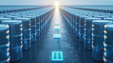 Obraz premium Futuristic Energy Storage Array with Rows of Batteries in a High-Tech Facility