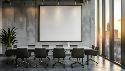 Modern conference room with large blank canvas on wall, overlooking city skyline. Photo ideal for presentation or business meeting mockup.