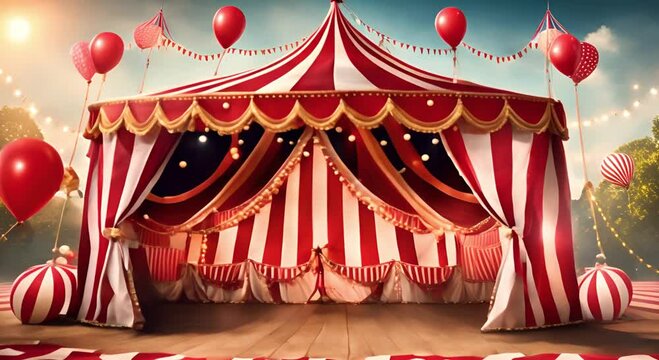 Vibrant circus tent background with majestic red and white striped tent